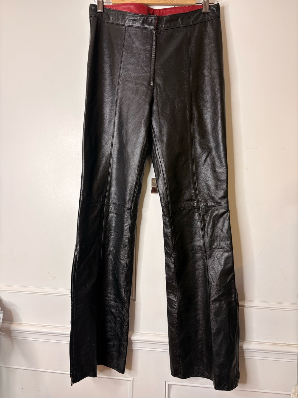Daniel Y2K Black genuine Leather Pants with zipper flare and peekaboo red